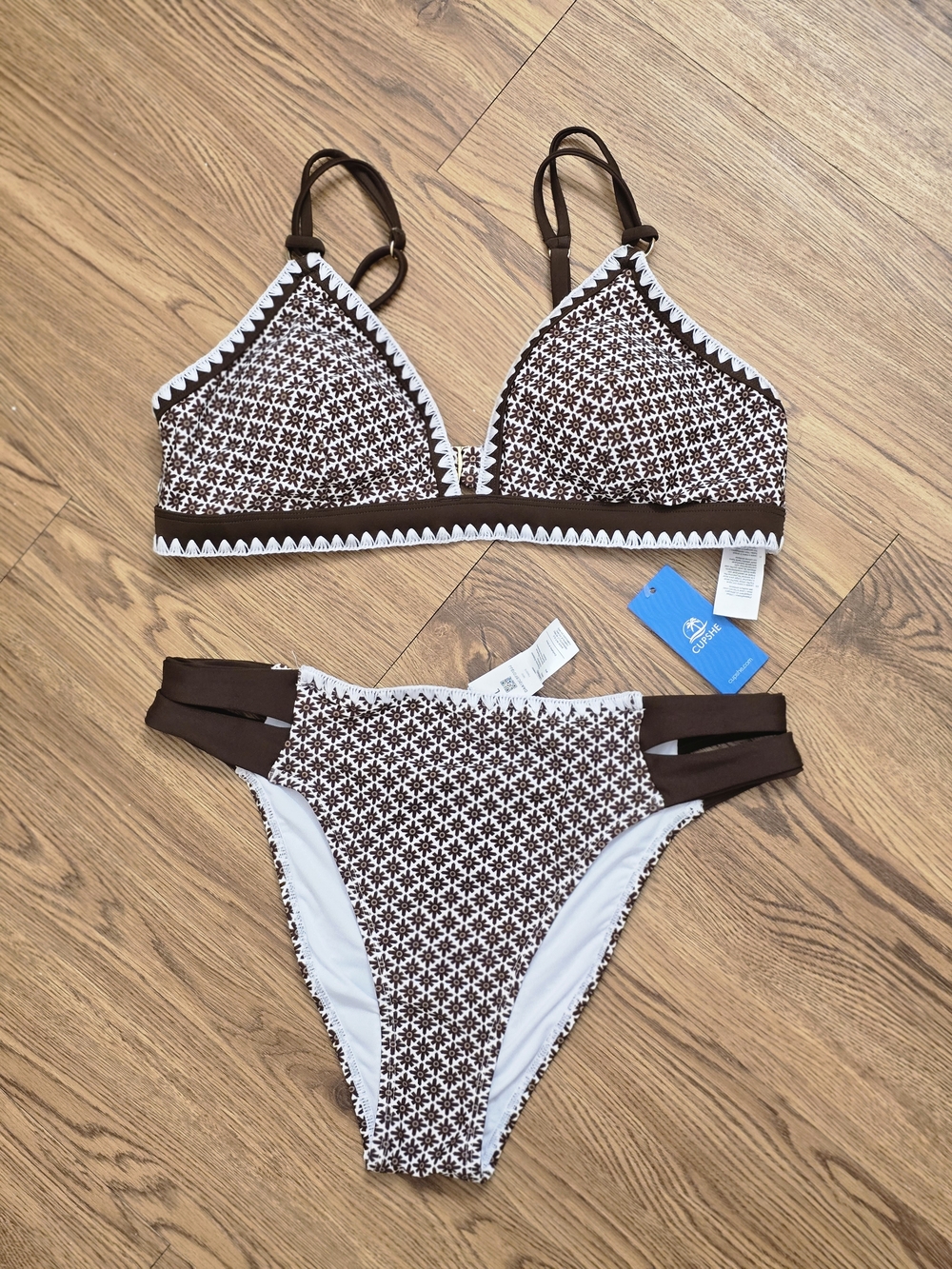 Cupshe Brown and White Crochet-Pattern Bikini Set